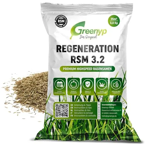 Greenyp Turbo Nachsaat RSM 3.2 I Rasensamen schnellkeimend Frühjahr I 0,8kg für 35m² I Ideal gegen Lücken als Neu- & Nachsaat I 100% RSM Rasensamen I Grassamen Rasensaat Gras Reparaturrasen