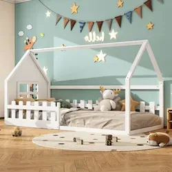 Hausbett mit Lattenrost und Rausfallschutz, 90x200 cm - Stabiles Kinderbett aus Massivholz mit modernem Design, ideal für sicheres Schlafen und Spielen dank Rausfallschutz und Zaun. Perfekt für jedes Kinderzimmer.