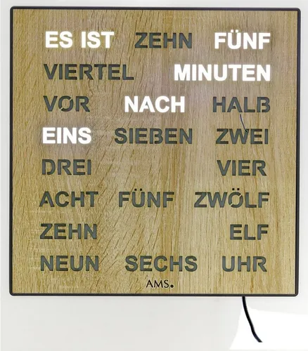 AMS 1237 Tischuhr - Moderne Wortuhr im Quadrat - Wohnaccessoires mit LED-Anzeige und einzigartiger Wortdarstellung der Uhrzeit. Ideal als Tisch- oder Wanduhr, bringt modernes Design in Ihr Zuhause.