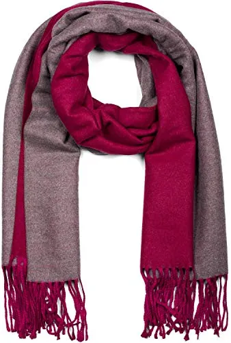 styleBREAKER Damen Schal 2-Face Optik mit Fransen - Eleganter Wendeschal in Himbeer-Dunkelgrau, weich und warm, ideal für kalte Tage. Perfekt kombinierbar und vielseitig tragbar als Stola oder Schal.