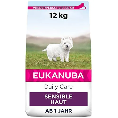 Eukanuba Daily Care Sensitive Skin Hundefutter - Trockenfutter für Hunde mit sensibler Haut - Hypoallergenes Trockenfutter für empfindliche Hunde, reich an hochwertigem Fisch für starke Muskulatur und gesunde Haut. Ideal für ausgewachsene Hunde ab 1 Jahr.