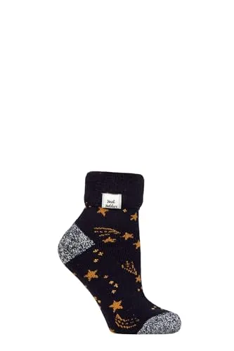 HEAT HOLDERS SOCKSHOP Damen Socken - Drehen Sie die Manschette um Sleep Lite, Warme, klobige Thermo-Bettsocken, Gemustert, 1 Paar Größe 37-42 Marine/Gold Sterne