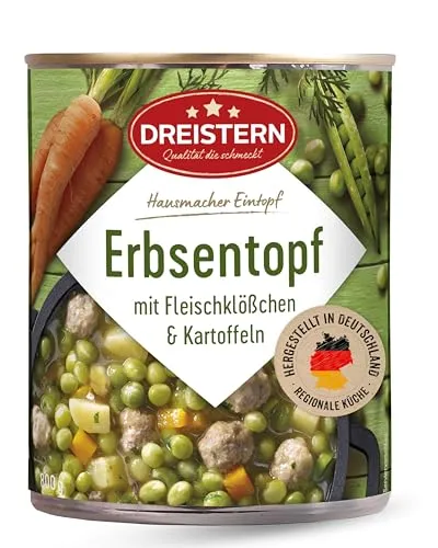 DREISTERN Erbsentopf 800g I Mit Fleischbällchen & Kartoffeln I Herzhafter Eintopf in recyclebarer Konservendose I Lange Haltbarkeit dank natürlicher Konservierung I Hausmacher Qualität