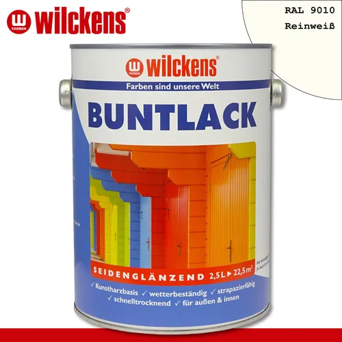 Wilckens Buntlack 2,5 l Seidenglänzend RAL 9010 Reinweiß - Hochwertiger Lack für Innen & Außen, wetterbeständig und schnelltrocknend, ideal für Holz und Metall, deckt bis zu 38 m².