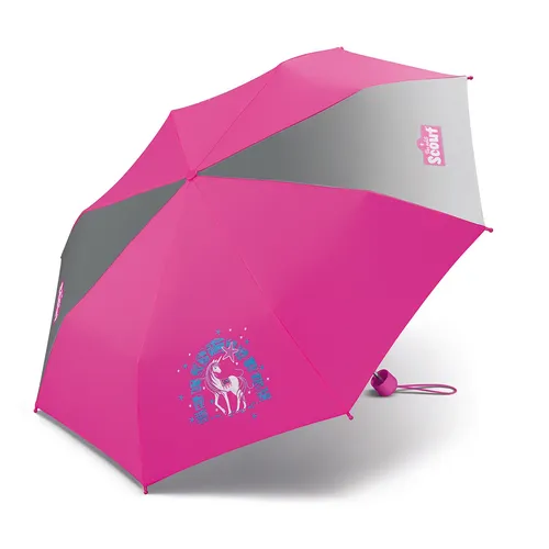 Scout Taschenregenschirm Mini - Reflektierender Kinderschirm in lila rosa, leicht und mit Einhorn-Motiv für Kinder