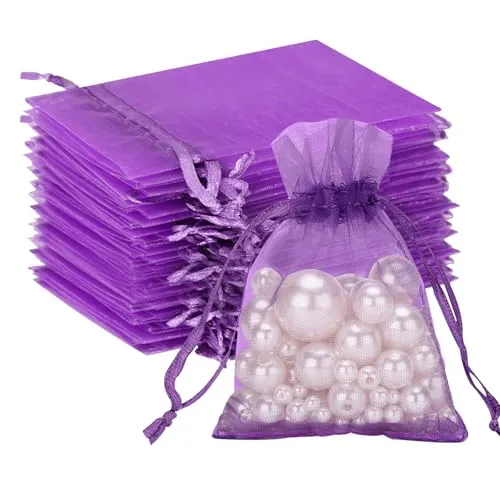 G2PLUS 100 Stück Lila Organzasäckchen, 7x9 CM Kleine Geschenk Organzabeutel, Hochzeit Organza-Beutelchen mit Kordelzug Sie als Hochzeit Bonbonsbeutel, Schmuckbeutel, Geschenkbeutel
