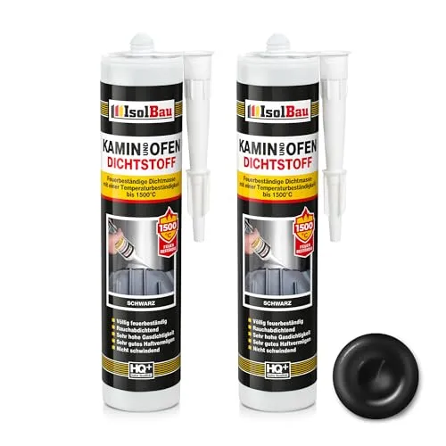 Isolbau Kamin & Ofen Dichtstoff - Feuerbeständige Dichtmasse bis 1500 °C - Für Reparatur & Füllung von Rissen in Kaminen & Öfen - Schwarz, 2 x 300 ml Tube
