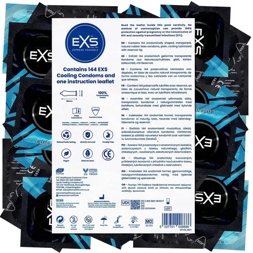 EXS Cooling Kondome - Großpackungen Kondome mit kühlender Gleitbeschichtung für ein erfrischendes und verlängertes Erlebnis. Ideal für Komfort und Sicherheit mit 144 Stück im Vorratsbeutel.