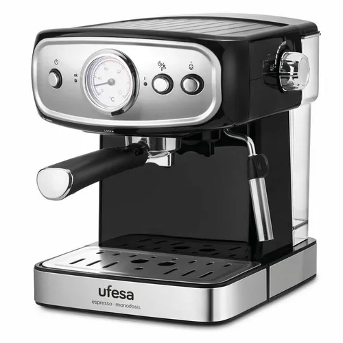 UFESA CE7244 - Manuelle Express-Kaffeemaschine 1,5 L in Schwarz/Silber, 850 W Leistung mit 20 bar Druck und herausnehmbarem Wassertank