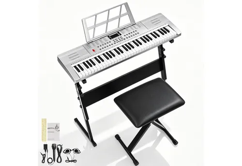 LALAHO Klavier 61 Tasten E Keyboard,Digitalpiano Set, Elektronisches Klavier,Keyboardständer, Keyboardbank und Mikrofon