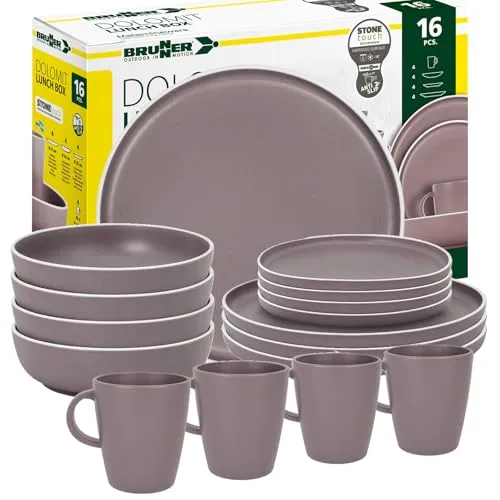 BRUNNER Melamin Geschirr-Set 16-teilig für Camping - Hochwertiges, kratzfestes Melamingeschirr für 2-4 Personen, ideal für Camping, Picknick oder Grillen. Mit Anti-Slip-Ring für Rutschfestigkeit und Stabilität. Spülmaschinen- und gefrierfest.