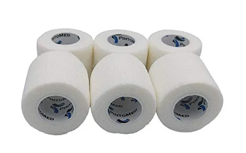 PintoMed Selbstklebender Verband, Gedehnt - 6 x Weiß - 5cmx4,5m - Bandagen Rollen Haftbandage Verband Fixierbinde selbsthaftend Health Pflaster Sport Tape; Stück für Handgelenk, Bein, Arm, vet wrap