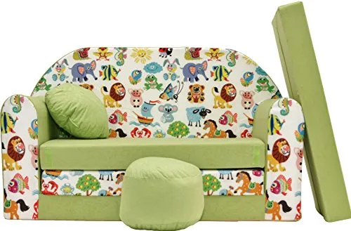 All4All Kindersofa Klappsofa - Schlafsofa 3in1 - Velo - Spielsofa für Kinder - Sofa zum Aufklappen - mit Pouf - faltbar - zum Schlafen – Schaumstoff Sofa (Z5 Grün + Tiere)