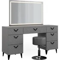Vicco Schminktisch Anett Grau mit LED-Spiegel - Sonstige Schlafzimmermöbel mit integriertem LED-Spiegel und Hocker, ideal für stilvolle Make-Up-Erlebnisse und ausreichend Stauraum durch 7 Schubladen.