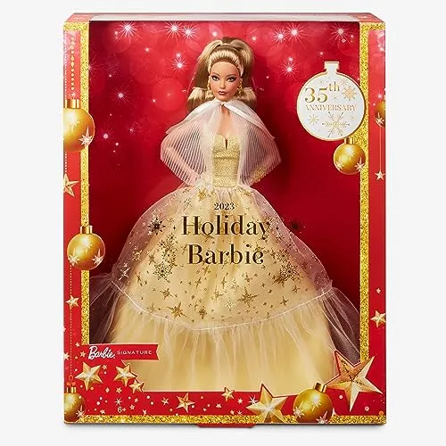 Barbie Signature - 2023 Holiday Puppe Jubiläumsedition - Puppen - Festliche Barbie im goldenen Kleid zum 35. Jubiläum, mit Echtheitszertifikat und glamourösem Design, ideal als saisonales Sammlergeschenk für Kinder ab 6 Jahren.