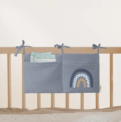 Babybett Aufbewahrungstasche aus 100% Baumwolle Musselin, für das Beistellbett, Babybett, Kinderbett. Ideal zum Verstauen von Windeln, Schnullern (Lovely Rainbow Sky)