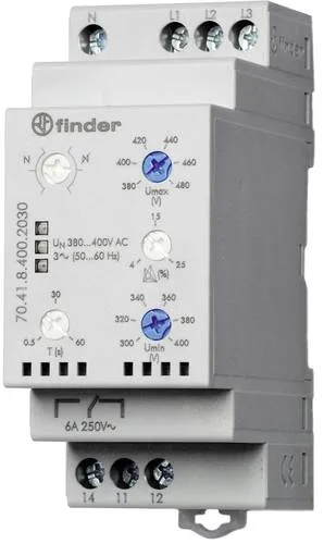 Finder Überwachungsrelais 380 - 415 V/AC - Sonstige - Multifunktional mit Sicherheitslogik, öffnet Kontakt bei Fehlererkennung. Frontseitig einstellbare Bedienelemente und farbige LED-Statusanzeige.