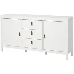 Sideboard Madron, weiß - Moderne Kommode im Landhauslook mit viel Stauraum hinter 2 Türen und 3 Schüben. Inklusive 2 Griffvarianten (Metall/Leder) für individuellen Stil.