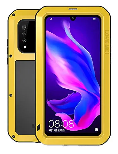 FONREST Ganzkörper Hülle für Huawei P30 Lite, Love MEI 6,15-Zoll Schwerlast Hybride Aluminium Metall Stoßfest Schneesicher Staubdicht Case mit Hartglas, Unterstützt Wireless Charging (Gelb)