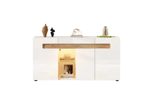 autolock Sideboard Hochglanz-Wohnmöbel Wohnzimmerschrank mit App-gesteuerte LED-Leuchten (140x40x70 cm Anrichte mit Glasboden 3 Türen), Küchenschrank Lagerschrank für Wohn- und Esszimmer