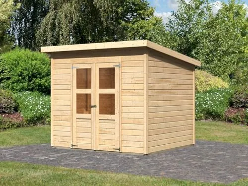 Karibu Gartenhaus Merseburg 5 | Gerätehaus mit 14 mm Wandstärke | Doppeltür mit Lichtausschnitten | Schuppen: 5,18 m² Grundfläche | Steck-/Schraubsystem | Naturbelassen | 265 x 236 x 220 cm