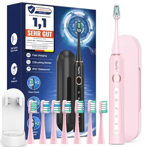 Elektrische Zahnbürste Schallzahnbürste für Erwachsene und Kinder - Electric Toothbrush mit 8 Bürstenköpfen (3 Typen) und 5 Modi. 90 Tagen Akkulaufzeit, 2 Minuten Smart Timer, Reiseetui