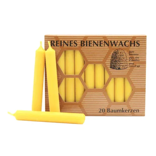 Baumkerzen aus 100% Bienenwachs - KERZENFARM HAHN, 20 Stück - Hochwertige Baumkerzen aus handgefertigtem 100% reinem Bienenwachs. Brenndauer ca. 1,15h, rußarm und RAL-zertifiziert. Ideal für stimmungsvolle Beleuchtung.