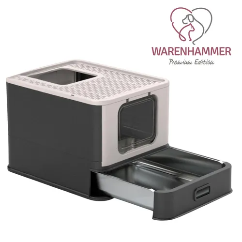 Warenhammer Katzentoilette Edelstahl - Premium Katzenklo mit Schublade - Stylische Katzentoilette mit herausziehbarer Edelstahlschublade für einfache Reinigung. Ideal für große Katzen, mit erhöhtem Rand zur Vermeidung von Auslaufen. Maße: 54,3 x 42,3 x 38 cm.