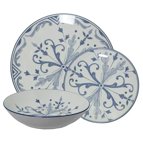 18-teiliges Tafelservice aus Porzellan in Weiß und Dekor in Blau, 26 x 6 x 26 cm