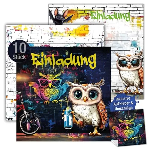 TOBJA 10x Einladungskarten Kindergeburtstag Mädchen & Jungen Graffiti Eulen Design XXL 15 x 15 cm | mit Stickern & Umschlägen | Geburtstagseinladungen für Teenager & Kinder (inkl. Umschläge)