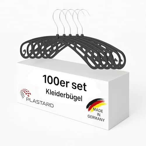 Plastard Kleiderbügel S38 aus Kunststoff 10 Stück, 38 cm lang, 360° drehbarer Metallhaken. schmale 0,8 cm Auflage, platzsparend – Ideal für Hemden, Blusen, Anzüge, Kleider