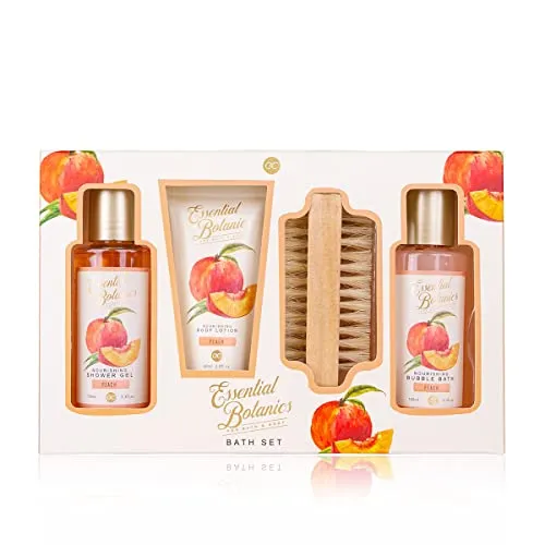 Accentra Badeset, Pflegeset ESSENTIAL BOTANICS – FRUITS in Geschenkbox – Duschgel – Schaumbad – Bodylotion – Nagelbürste – in Pfirsichduft