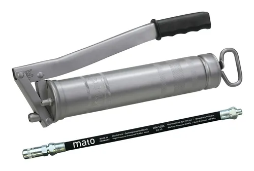 Mato Handhebel-Fettpresse E500 mit Schlauch - Fettpressen, ideal für präzises Schmieren mit 400g Kartusche oder 500g lose, robust und benutzerfreundlich.