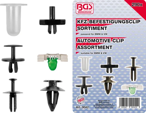 BGS Kfz-Befestigungsclip-Sortiment für BMW, VW | 290-tlg. - Praktisches 290-teiliges Befestigungsclip-Sortiment für BMW und VW, ideal zur einfachen und sicheren Befestigung von Fahrzeugteilen.