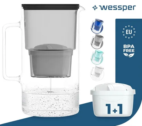 AquaMax Glas Wasserfilter Kanne 2.5 L - Wasserfilter für Haushalt und Gewerbe, reduziert effektiv Kalk und Chlor für reines, geschmackvolles Wasser. Inklusive 1 Filterkartusche.