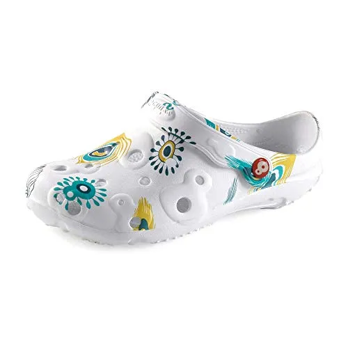 Schu'ZZ Bedruckte Globula – Damen-Clog aus Kunststoff - Clogs für Damen, bequem und leicht, ideal für Zuhause und Aktivitäten im Freien, CE-zertifiziert und sehr robust, mit auffälligem Pfauenfeder-Design.