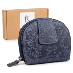 Ekavale Damen Geldbörse Portemonnaie Echtleder Vintage Blumenmuster Blau