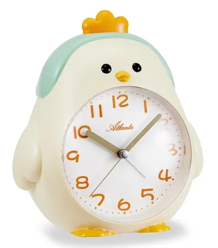 Atlanta Kinderwecker Huhn - Geräuschloser Alarm mit Melodie oder Kikeriki, lustiges Design für Kinderzimmer