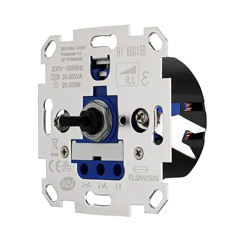 REV Technik Dimmer - Helligkeitsregler 25-500W - Dimmschalter für konventionelle Lampen, ideal für individuelle Lichtgestaltung. Kompatibel mit zahlreichen Schalterprogrammen und dimmbaren Leuchtmitteln.