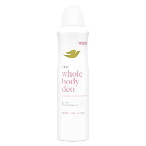 Dove Deodorant Whole Body Deo 150ml, Deodorant für den ganzen Körper, Duft von Himbeeren und Rosen, Geruchsschutz bis zu 72 Stunden, Dermatologisch getestet, Anti-Flecken-Formel