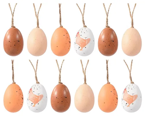 Decoris season decorations Osterei, Ostereier zum Aufhängen 4x6cm bruchfest 12er Set Weiß / Braun