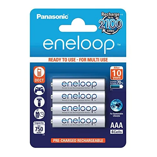 Panasonic eneloop, Ready-to-Use Ni-MH Akku, AAA Micro, 4er Pack, min. 750 mAh, 2100 Ladezyklen, geringe Selbstentladung