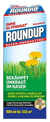 Roundup Rasen-Unkrautfrei Konzentrat 500ml - Effektiver Unkrautvernichter für Ihren Rasen - Dünger zur gezielten Unkrautbekämpfung im Rasen mit wurzeltiefer Wirkung, ideal für junge Rasenflächen und unbedenklich für Bienen.