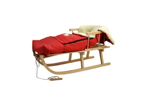 Holzschlitten Kinderschlitten aus Buchenholz mit Rückenlehne und Fußsack