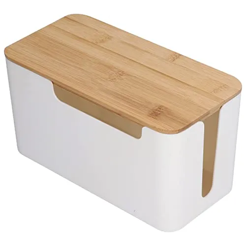 Kabelmanagement Box mit Holz Deckel, 23 x 12 x 11,7cm Weiß Kunststoff Kabelbox Schreibtisch Kabel Organizer Kleine Kabelkasten für Verstecken TV Computer Router Kabel Steckdosen