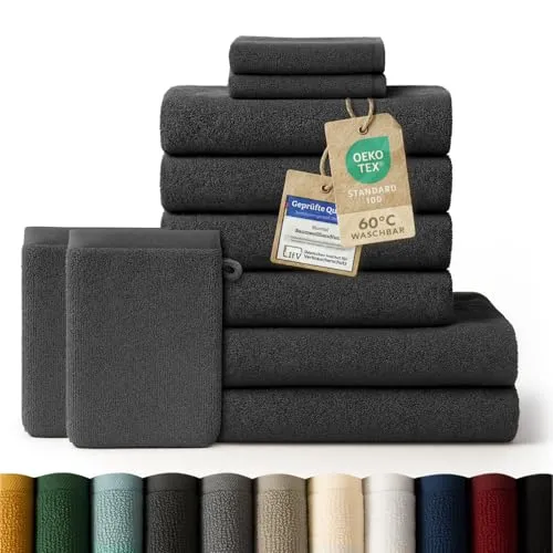 Blumtal Premium Frottier Handtücher Set 10 teilig 100% Baumwolle - Oeko-TEX zert. Badetuch 2X (70x140cm) + Handtuch 4X (50x100cm) + Gästehandtuch 2X (30x50cm) + Waschlappen 2 x (15x20cm) Anthrazit