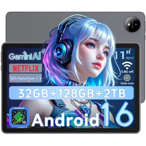 Tablet 11 Zoll Android 16 mit Gemini AI, T7250 Octa-Core, 32 GB RAM + 128 GB ROM(2 TB TF), 16 MP + 8 MP, 1920 x 1200 IPS HD-Display, 8000 mAh, 5,8 GHz + 2,4 GHz Wi-Fi, Widevine L1, GMS,GPS (Grau)