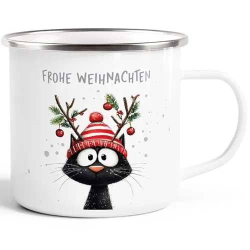 SpecialMe® Emailletasse Frohe Weihnachten Lustige Tiere Schwarze Katze Winter Weihnachtsbecher Geschenkidee Weiss-silber standard