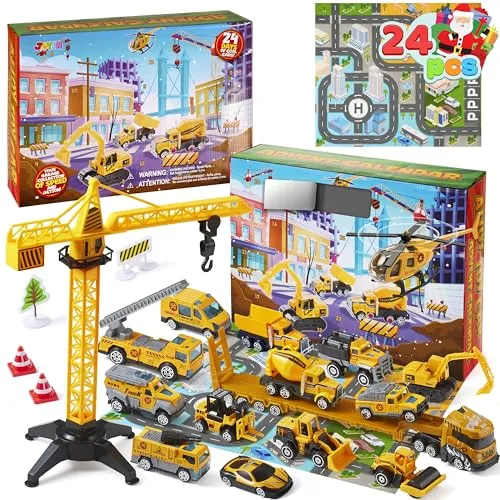 JOYIN Adventskalender 2026: Baufahrzeug, 24-tägiger Countdown bis Weihnachten, Baufahrzeug aus Metall für Kinder, Stadtfahrzeuge, Partyzubehör
