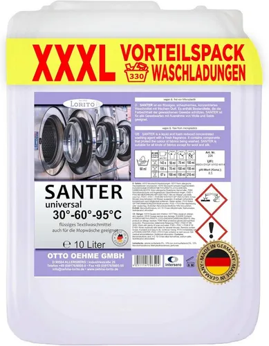 Lorito Santer Vollwaschmittel 10 Liter - Waschmittel flüssig mit Farbschutz, schaumarm und geeignet für Temperaturen von 30 bis 95 Grad – für strahlend saubere Wäsche mit frischem Duft.